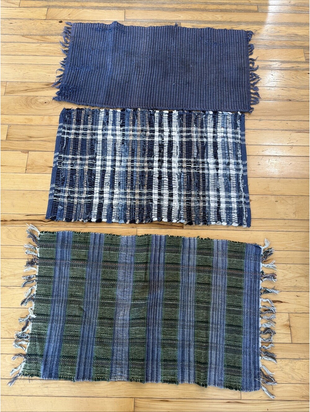 Lot Of 3 VTG Rag Rugs Blue Plaid Area Throw Rustic Farm Country Washable Cabin